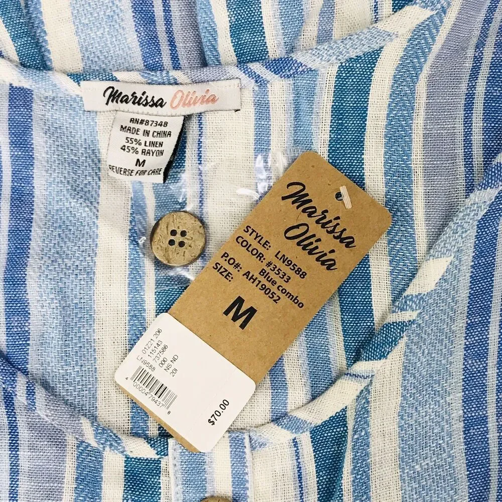 Marissa Olivia Women M Dress Babydoll Faux Button Up Stripes Blue NWT Flaw CL7